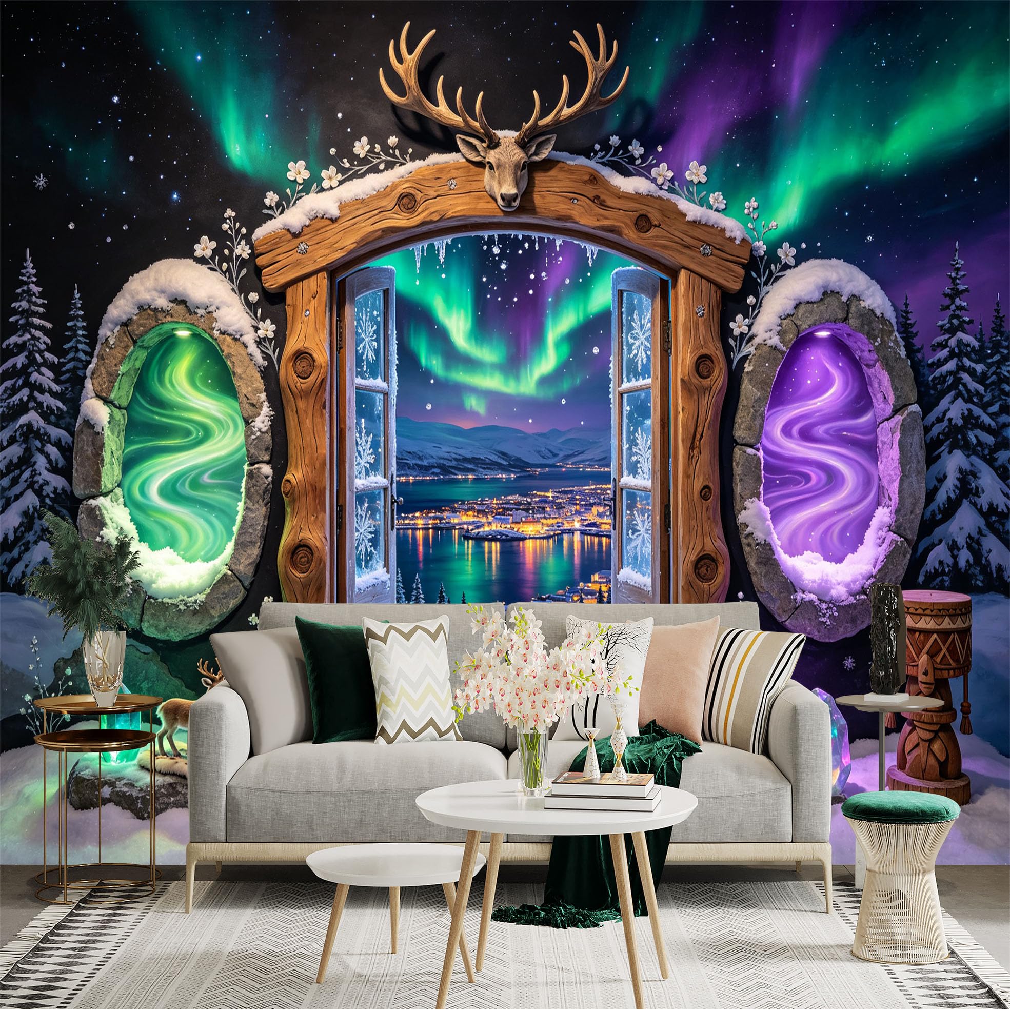 Custom Size Wall Sticker Mural， Aurora Borealis Winter Landscape with Wooden Door， Snowy Forest and Deer， for wall Decoration， peelandstick wall Decals.