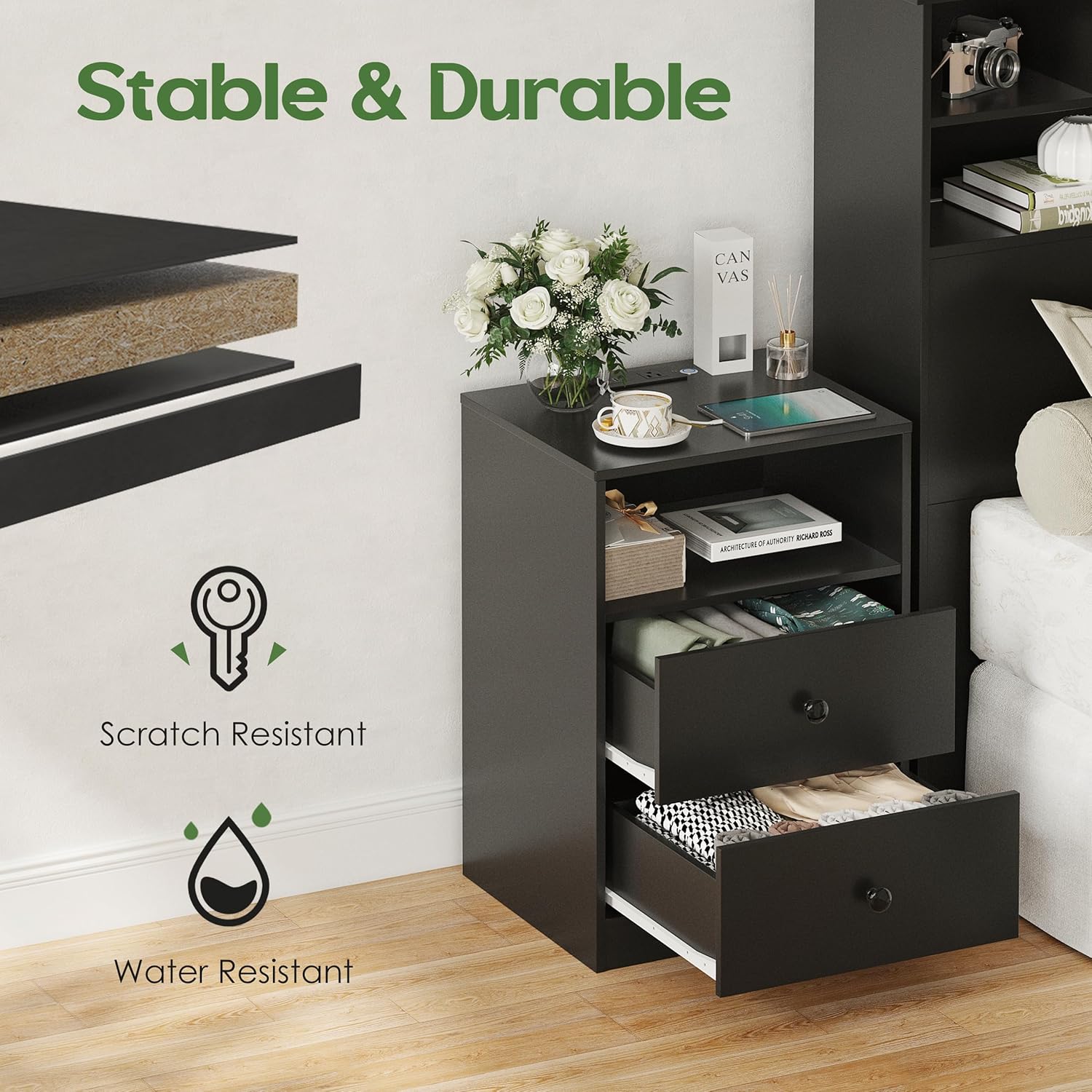 LED Wood Night Stand with Charging Station, Black Nightstand Bedside Table with 2 USB Ports & Outlets, Nightstands with 2 Large Drawers, End Side Table Dresser with Storage Shelf for Bedroom.