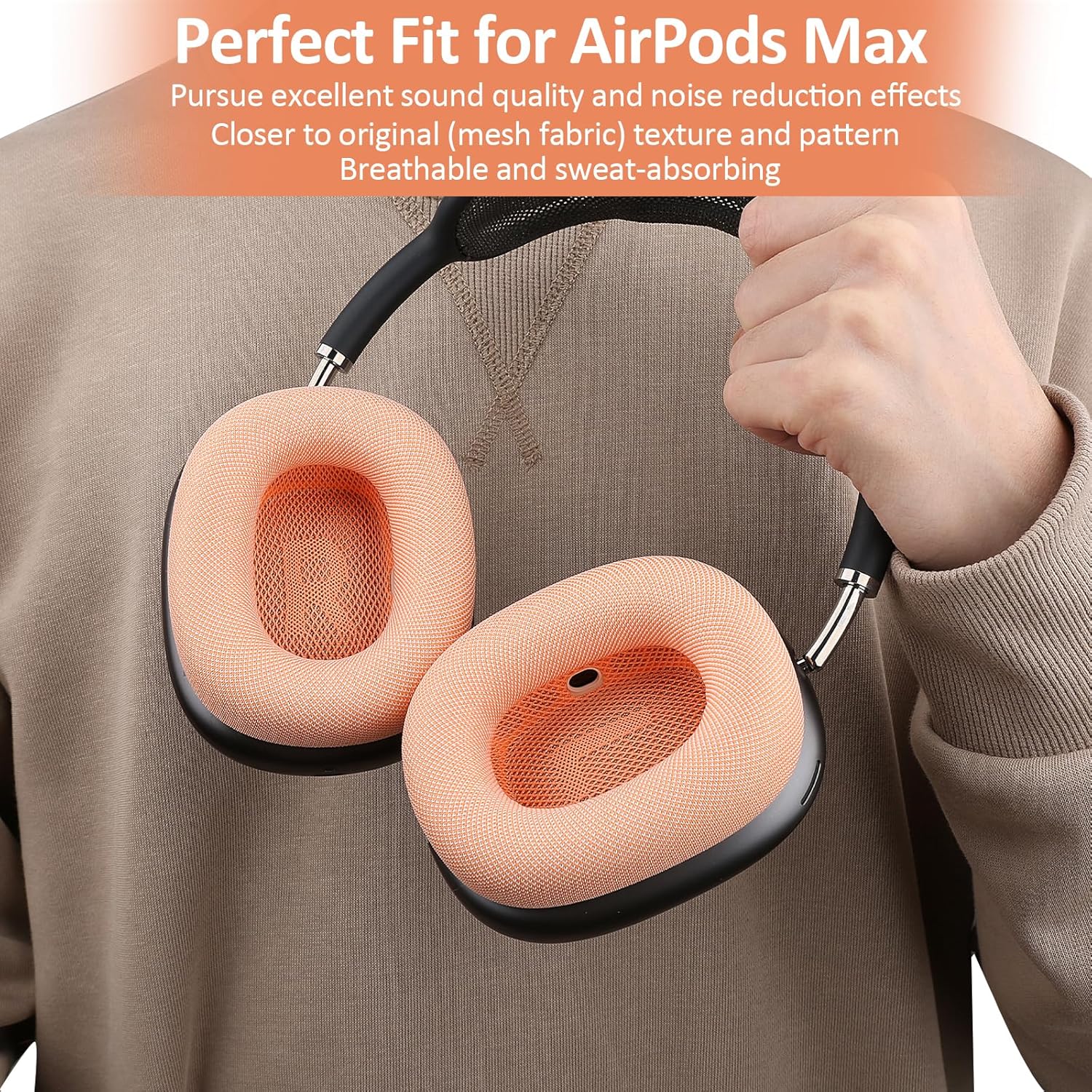 Upgraded Silicone Ear Cushions for AirPods Max Headphones 2024, Mesh Fabric Covered Ear Pads with Silicone & Memory Foam and Magnet (Orange) - Image 3