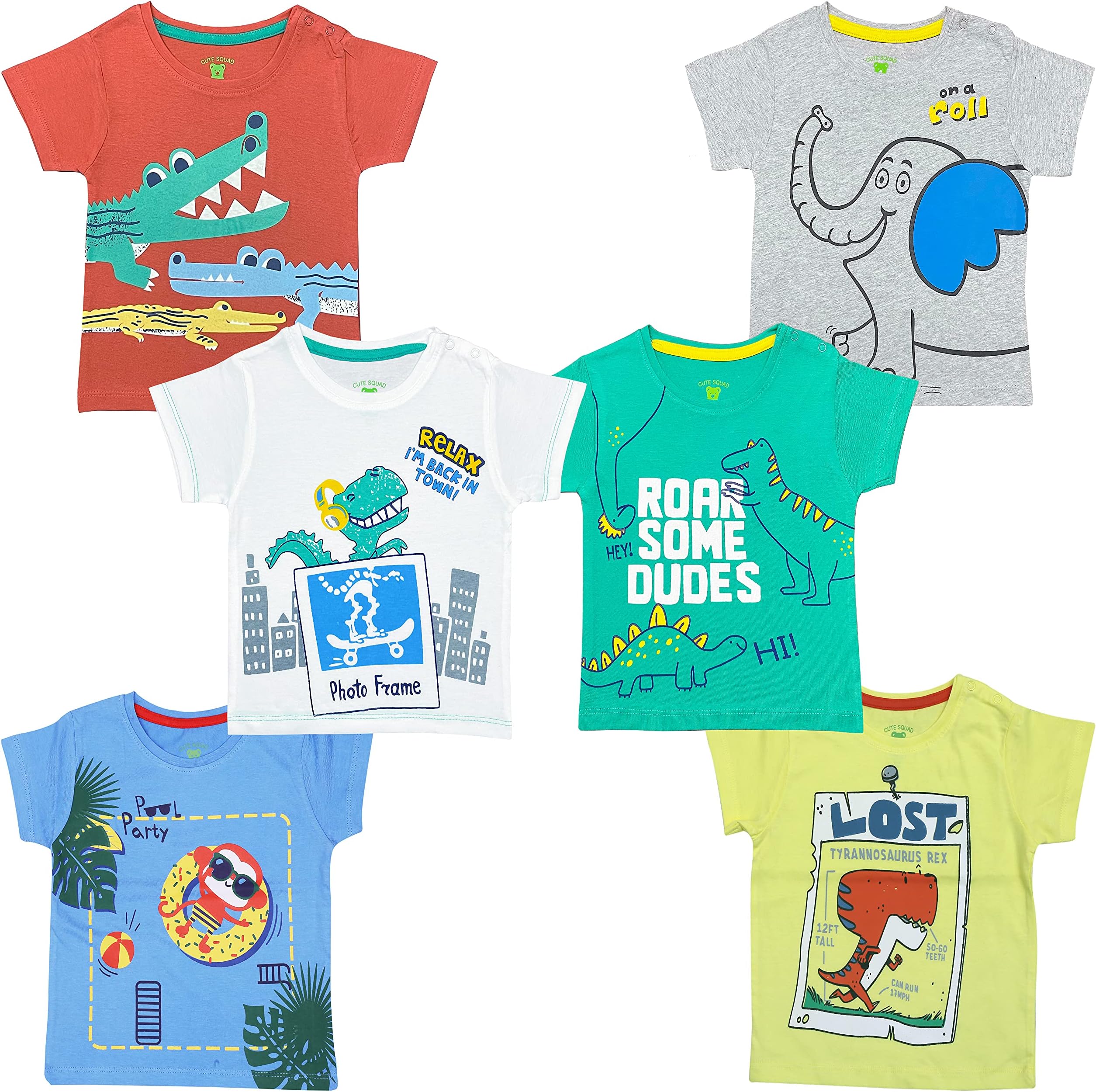 CUTE THREADSPack of 6 Baby Boys and Girls 100% Cotton Printed Regular fit Tshirts with Shoulder Poppers (0 to 24 Months)