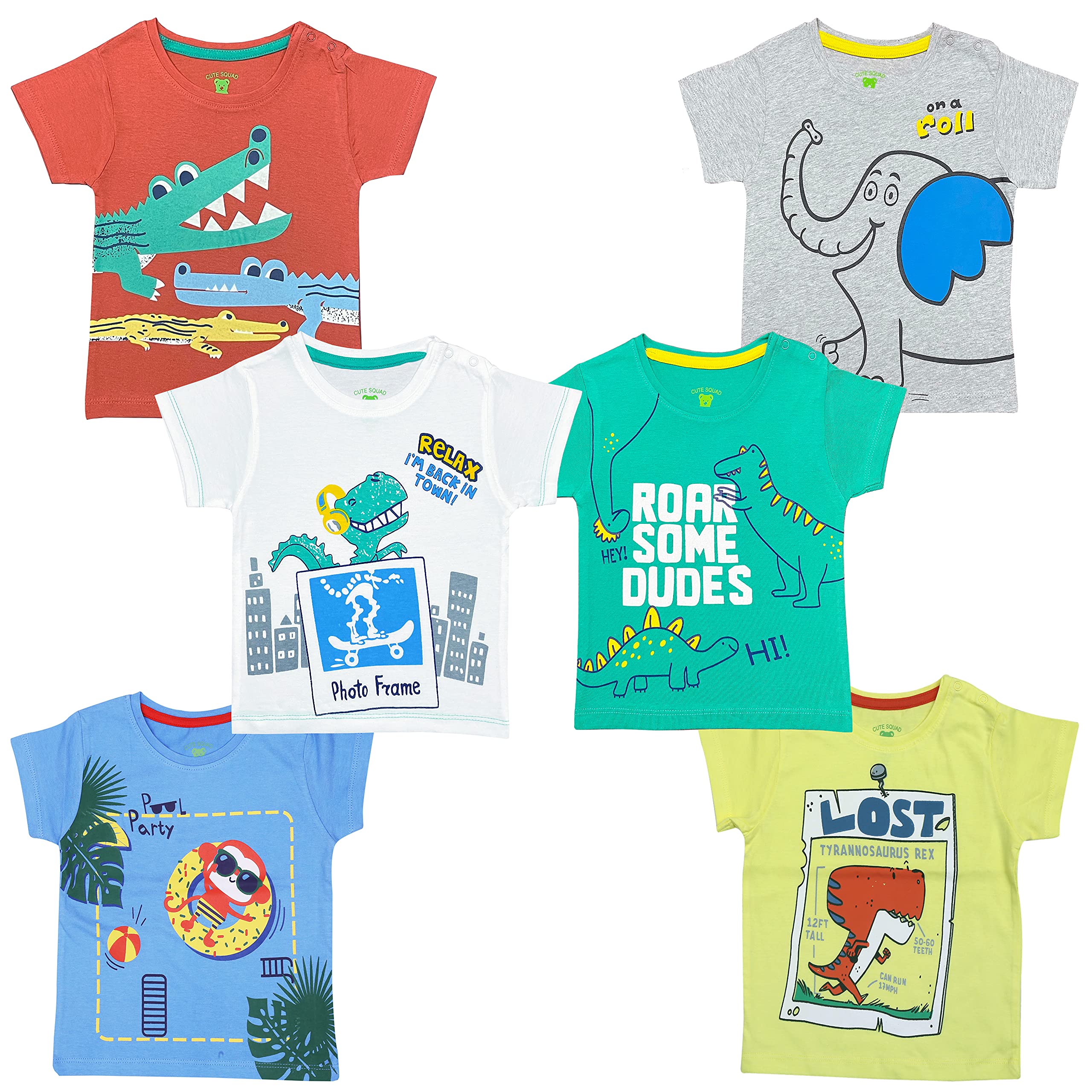 CUTE THREADSPack of 6 Baby Boys and Girls 100% Cotton Printed Regular fit Tshirts with Shoulder Poppers (0 to 24 Months)
