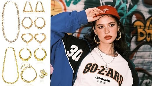 Set De 22 Accesorios Años 90 Para Mujer – Riñonera Plateada, Gargantillas Y Pulseras De Rayos