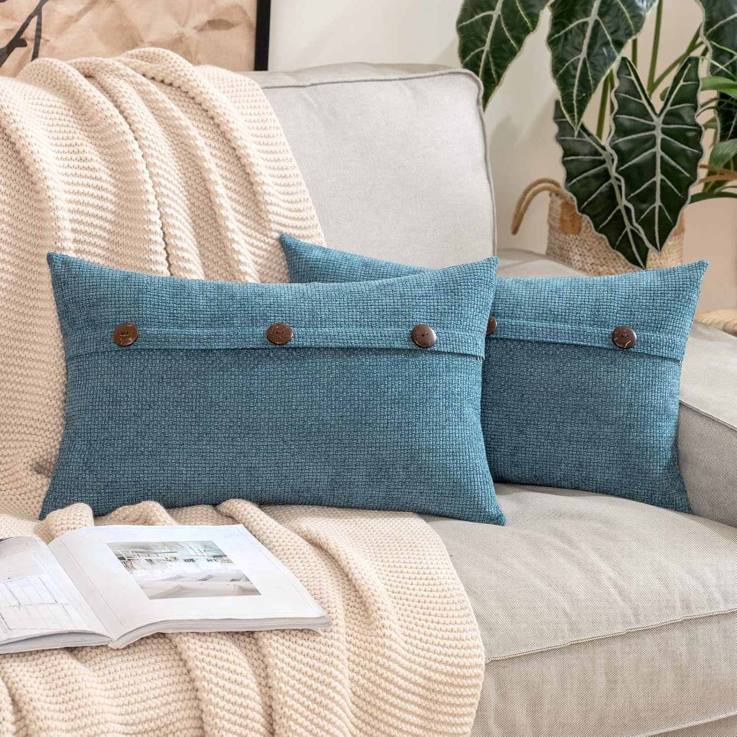 MIULEE Pack of 2 Chenille Rustic Farmhouse Decorative Throw Pillow Covers Cushion Case Triple Button Vintage Farmhouse Pillowcase for Sofa Living Room Bedroom 12X20 Inch Navy Blue