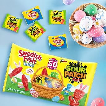 SOUR PATCH KIDS and SWEDISH FISH Mini Soft & Chewy Easter Candy Variety Pack, Bulk Candy, 50 Snack Packs