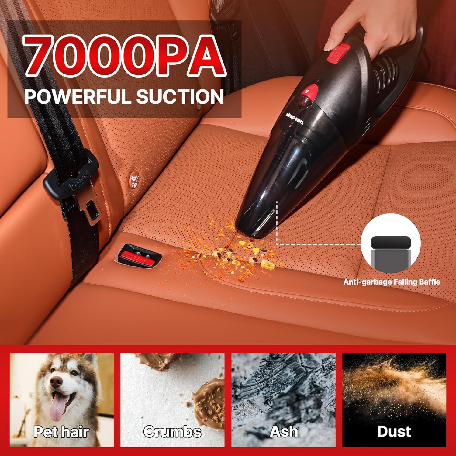 Shop-Vac 12V Car Vacuum - Portable Vacuum Cleaner with 7000Pa Powerful Suction, 16Ft Corded Handheld Car Vac & Storage Bag, Cigarette Lighter Plug, for Deep Interior Detail Cleaning