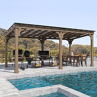 VEIKOU 10x20FT Outdoor Patio Gazebo with 5.5" Width Wood Posts, BBQ Backyard Shelter with Cedar Frame, Grill Gazebo with Sloping Steel Roof Design for Barbecue, Garden, Deck, Light Mocha Brown