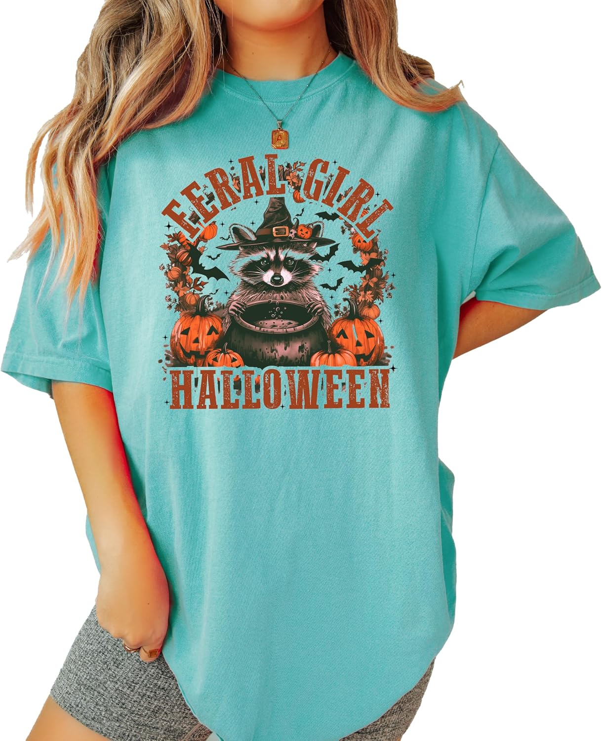 Feral Girl Halloween Shirt for Women and Teens Fall Witchy Raccoon Graphic T-Shirt