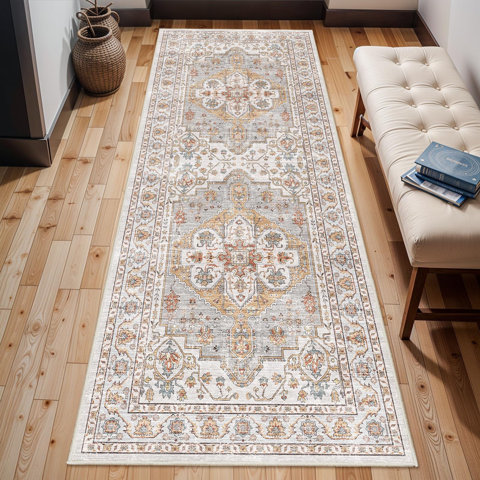 Washable Hallway Runner Rug 3x8: Non Slip Runner Rugs with Rubber Backing Soft Kitchen Rug Farmhouse Distressed Carpet Runner for Living Room Bedroom Bathroom (Turmeric/Grey, 3X8)