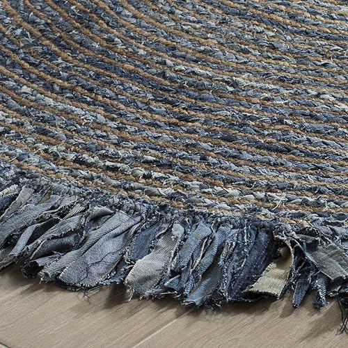 Miniatura 3 de SAFAVIEH Cape Cod Collection CAP206D - Alfombra redonda de yute y algodón con flecos de 5 x 5 pies color marfil y mezclilla