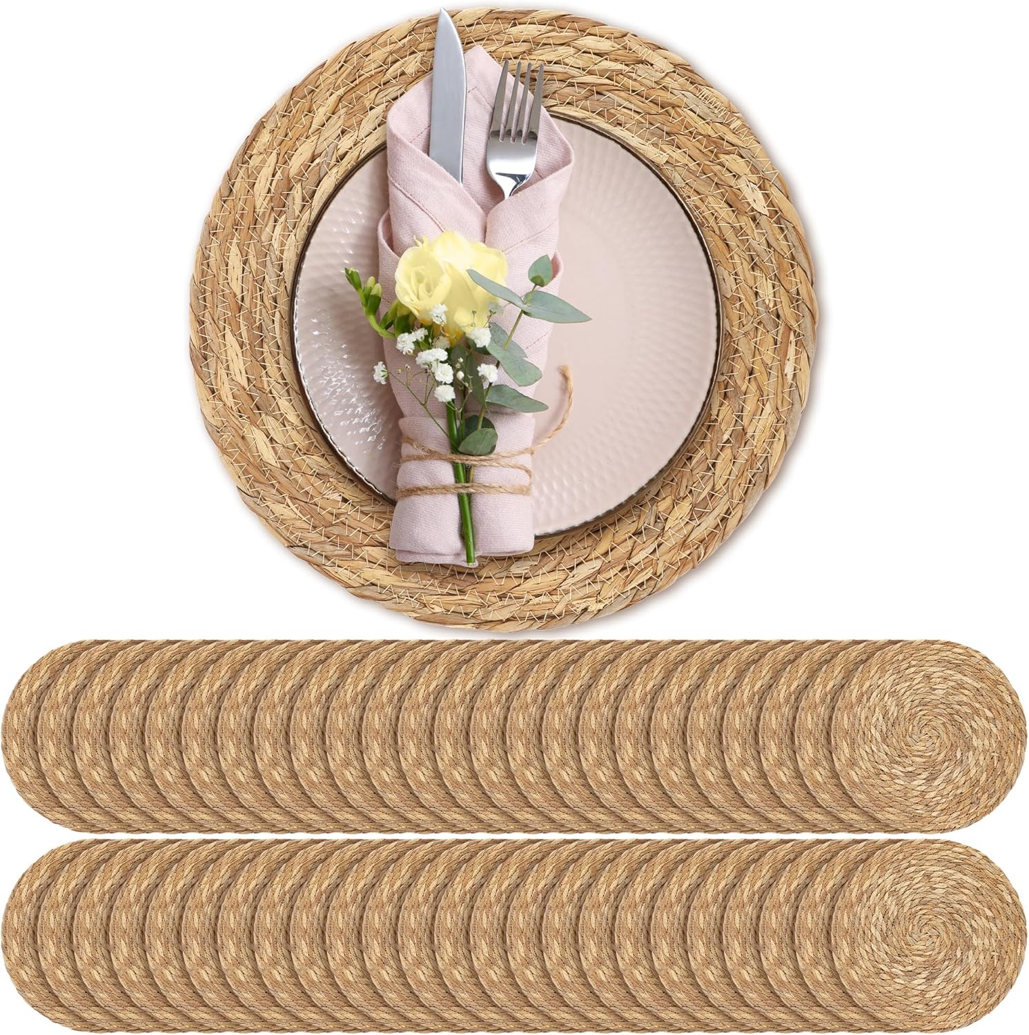 Aneco 48 Pack 13.8-Inch Round Woven Placemats Natural Hand-Woven Boho Rattan Wicker Bulrush Placemat Farmhouse Rustic Braided Table Mats for Dining & Kitchen Decor 48 13.8 Inch