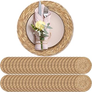 Aneco 48 Pcs 13.8‘’ Round Bulrush Placemats, Natural Hand Woven Table Mats