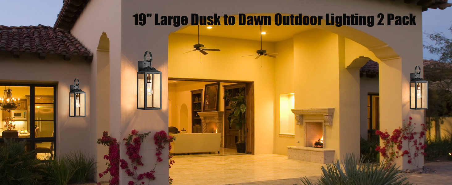 Image of 19 inch Large Dusk to Dawn Outdoor Lighting 2 Pack, Black Sensor Porch Lights | Waterproof Exterior Lighting Fixtures, Modern Wall Lantern, Outdoor Wall Lights Wall Sconce Lamp for House, Doorway, Garage