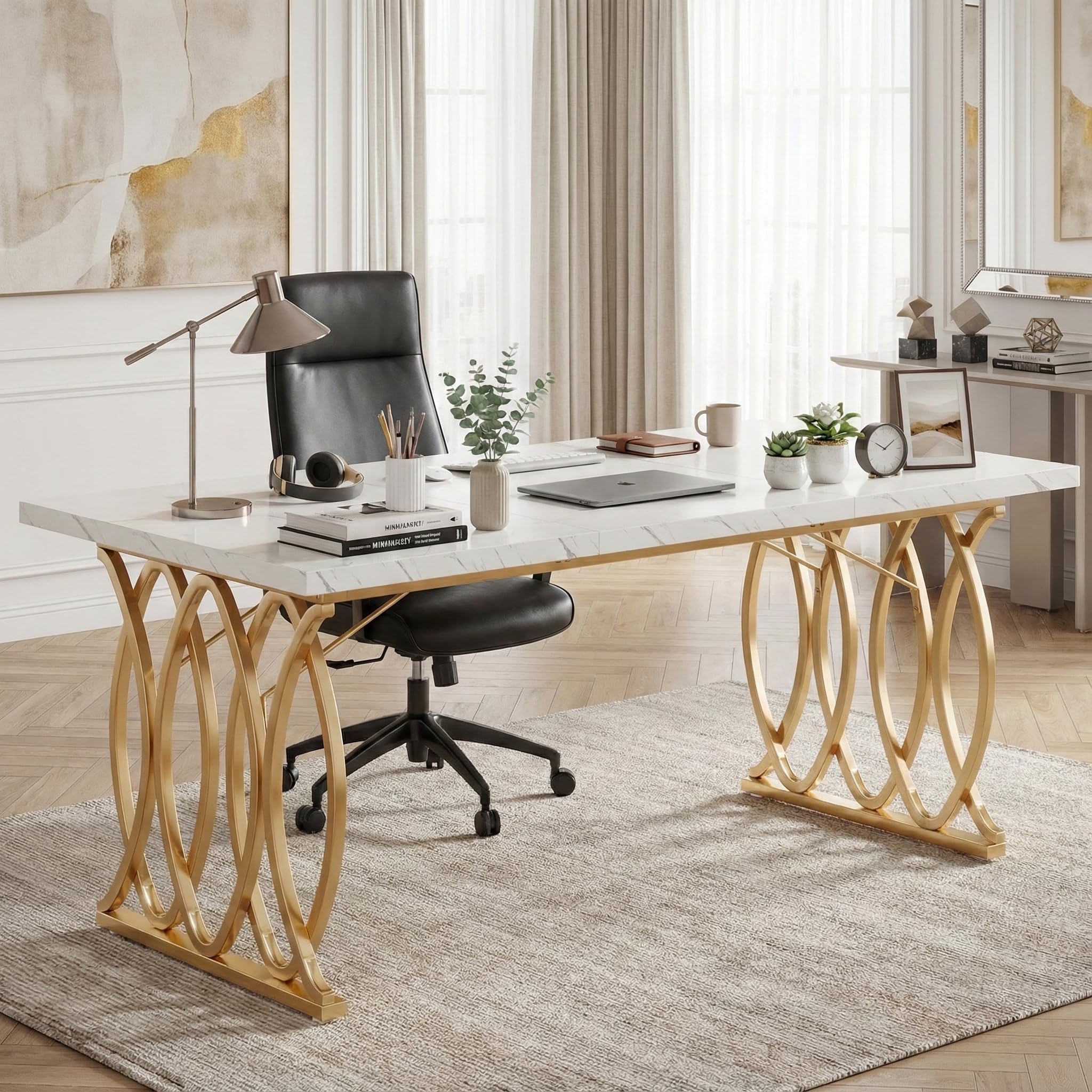 Lailang 160cm Scrivania Per Pc E Stampante, Tavolo Ufficio Riunioni, Mobili Ufficio Moderni, Scrivania Gaming Bianca, Arredamento Casa, Tavolo Legno, 160 x 80 x 75 cm, Oro