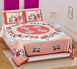 Marusthali Rajasthani Soft Cotton Print bedsheet Queen Traditional Cotton Bedsheets bed sheet Bedding Set Blanket Bed Cover Size 90 x 100 Inches (Red and orange)