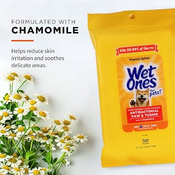 Wet Ones for Pets Paw and Tushie Dog Wipes, Tropical Splash, 30 Count | Chamomile-infused wipes, wet-lock seal, tropical splash scent, paws and butt cleanup