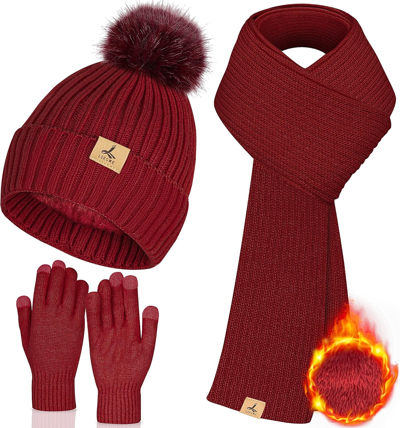LOROME Women Winter Beanie Hat Scarf Gloves Set, Fleece Knitted Pompom Hat Warm Neck Scarf Touchscreen Gloves Winter Gift LOROME Women Winter Beanie Hat Scarf Gloves Set, Fleece Knitted Pompom Hat Warm Neck Scarf Touchscreen Gloves Winter Gift