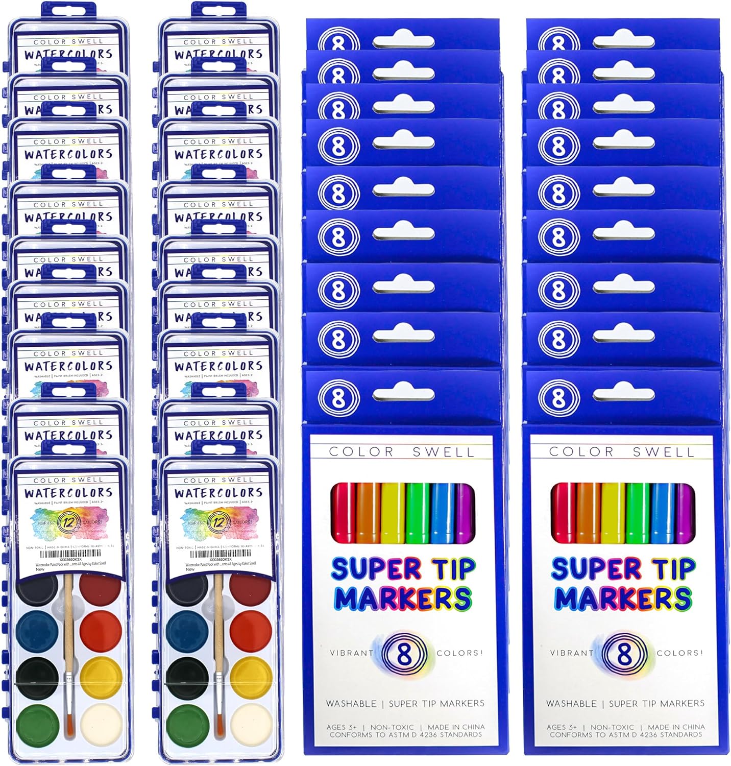 Color Swell Watercolor Paint Pack with Wood Brushes and Super Tip Bulk Markers - Classroom & Home Art Set