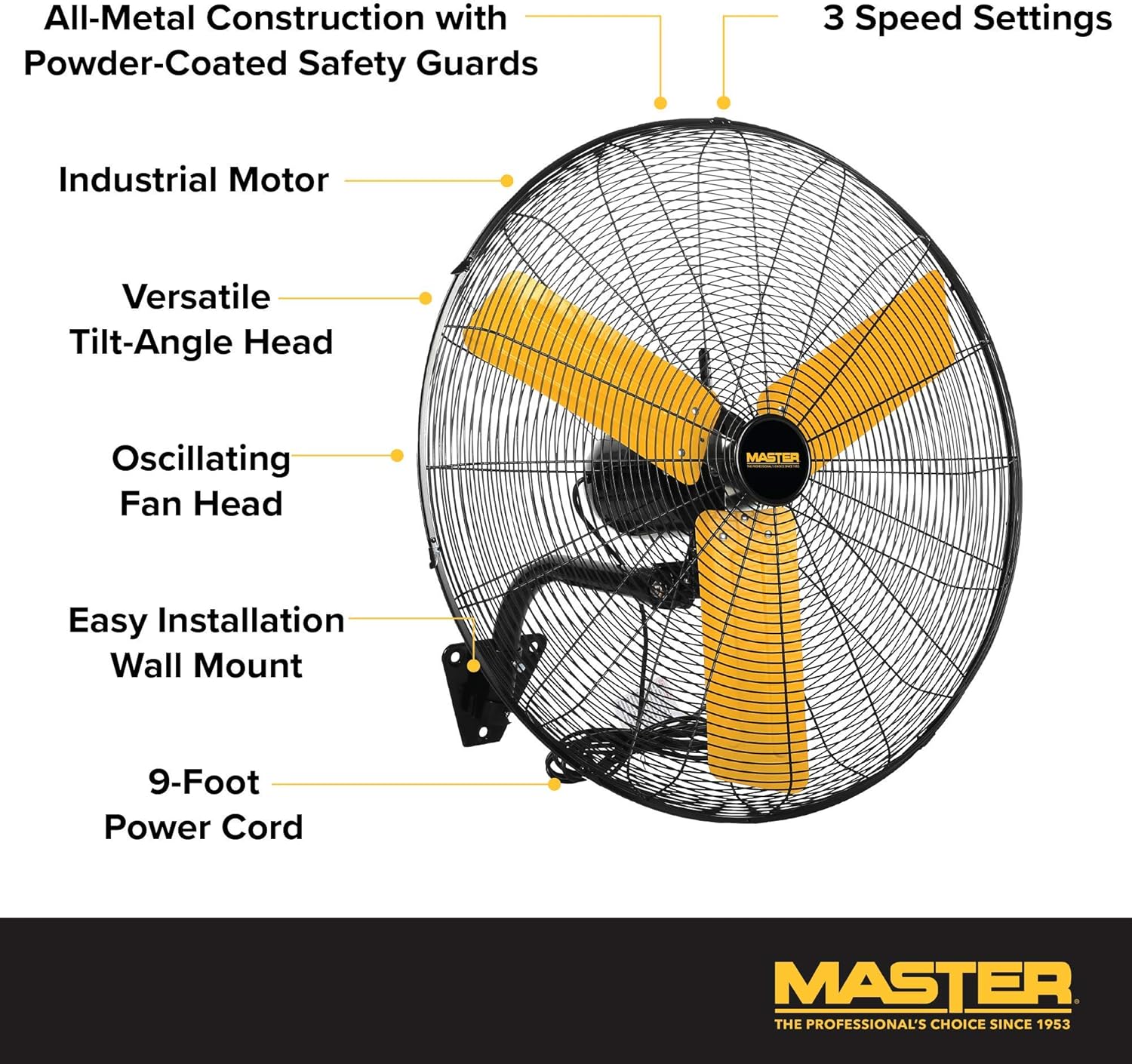 Master 24 Inch Oscillating Industrial High Velocity Wall Mount Fan for, Commercial, Shop or Garage, All Steel Construction (MAC-24WOSC)