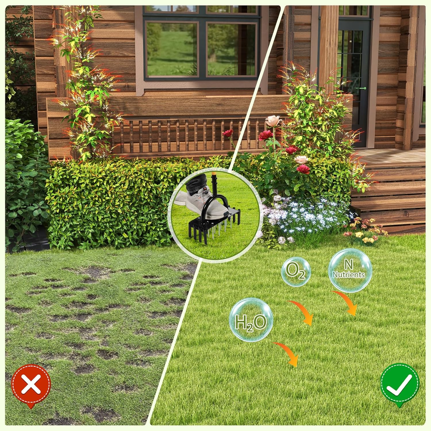 2-in-1 Lawn Aerator, Manual Core Aerator Lawn Tool with 24-Spikes Suitable for Lawn Ventilation, Garden Soil Loosening and Compact Soil Care, Revives Lawn Health