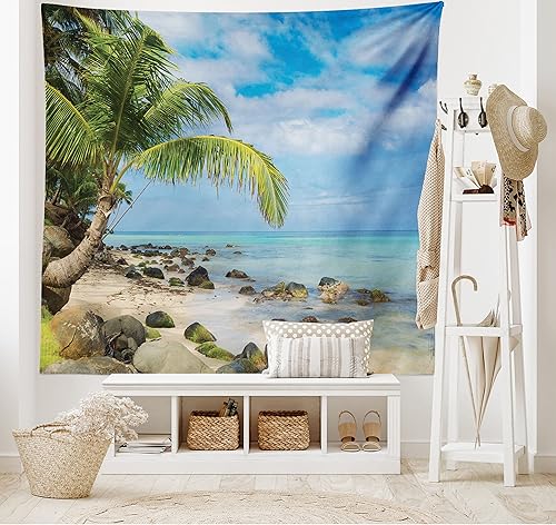 Miniatura 2 de Lunarable Tapiz de playa tamaño King, romántico paisaje tranquilo de playa, palmeras en la isla del Caribe, fotografía de naturaleza, colcha para