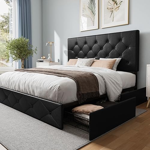 Miniatura 98 de WEEWAY Base de cama de plataforma tamaño Queen con 4 cajones de almacenamiento, cabecera capitonada con botones de costura de diamante, base de