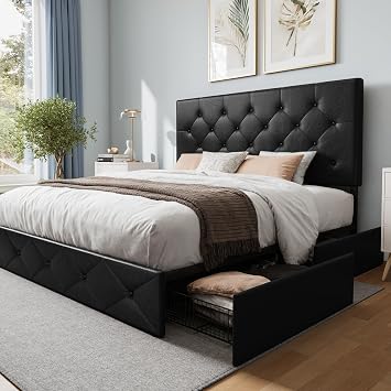 WEEWAY Queen Size Platform Bed Frame with 4 Storage Drawers, Diamond-Stitch Button Tufted Headboard, Sturdy Wooden Slat Mattress Foundation, No Box Spring Needed, Easy Assembly, Black