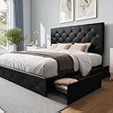 Queen Size Platform Bed Frame with 4 Storage Drawers, Diamond-Stitch Button Tufted Headboard, Sturdy Wooden Slat Mattress Foundation, No Box Spring Needed, Easy Assembly, Black