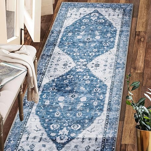 COMSLE Boho Runner Rug, 2' x 8' Washable Area Rugs for Hallway Faux Wool Small Kitchen Distressed Throw Rug Non-Slip Laundry Room Carpet Runner for Entryway Indoor Door Mat Bedroom