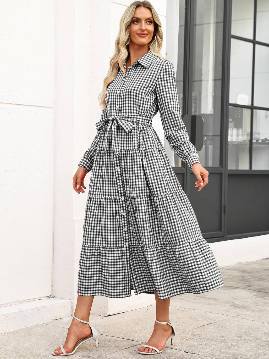 Caracilia Women Long Sleeve Maxi Dress 2026 Spring Casual Button Down Striped Plaid Tie Waist Shirt Dresses Vacation Outfits - Image 5