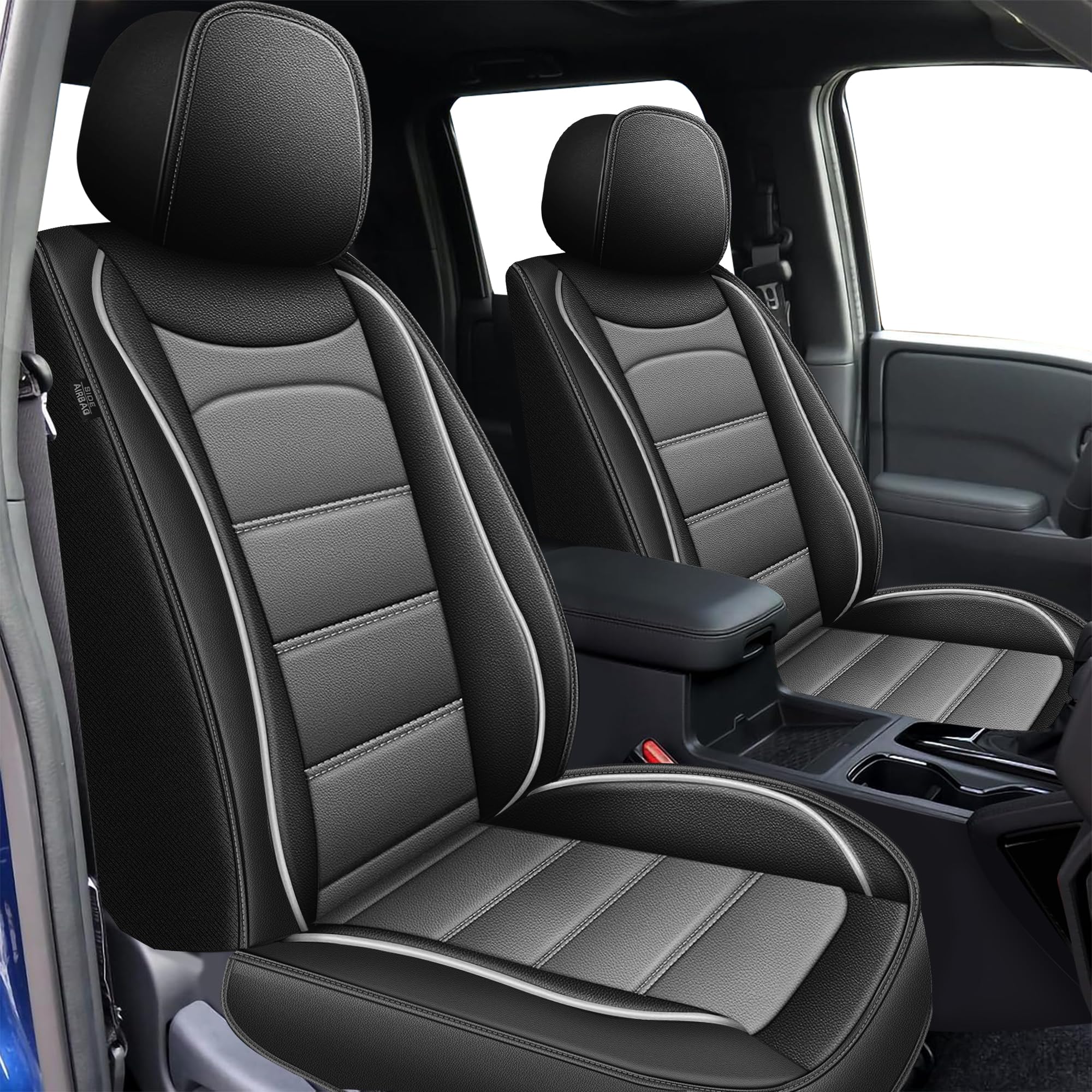 IKABEVEM Luxury Leather Front Seat Covers (Black & Grey)