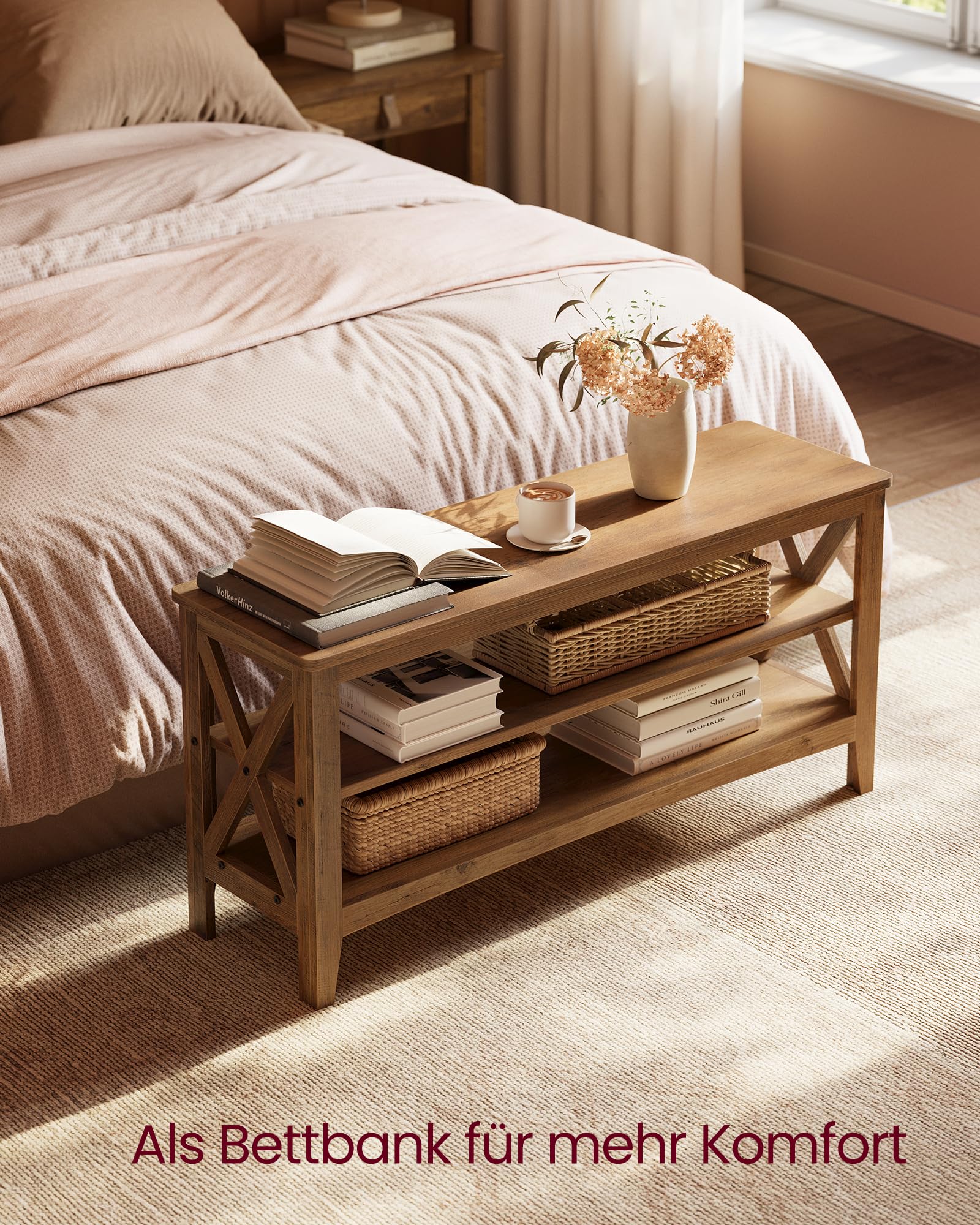 VASAGLE Schuhbank, Sitzbank mit Schuhregal, Flurbank, 2 Schuhablagen, 30 x 100 x 48 cm, hält bis zu 272 kg, Landhausstil, für Wohnzimmer, Schlafzimmer, honigbraun LSB153K41