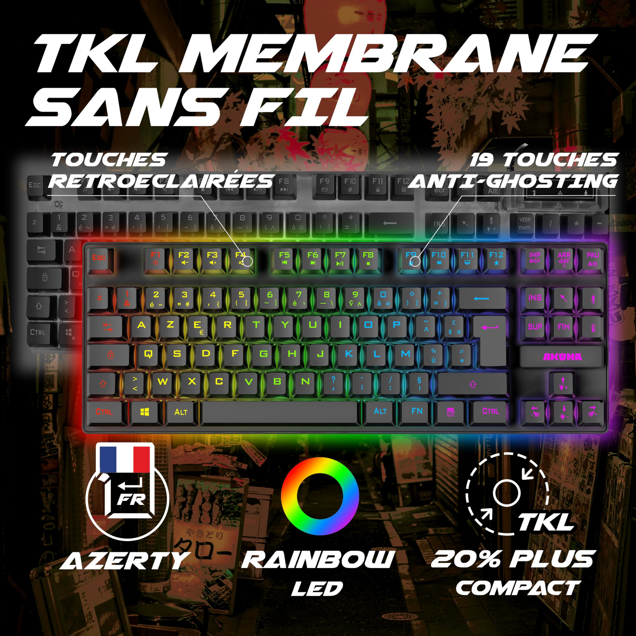 Akuma – Pack Gaming Sentai C03 WL Clavier TKL + Souris sans Fil Rechargeable Rétroéclairé, AZERTY Français, 3200 DPI – Pack pour PC PS4 PS5 – Noir – Plug & Play