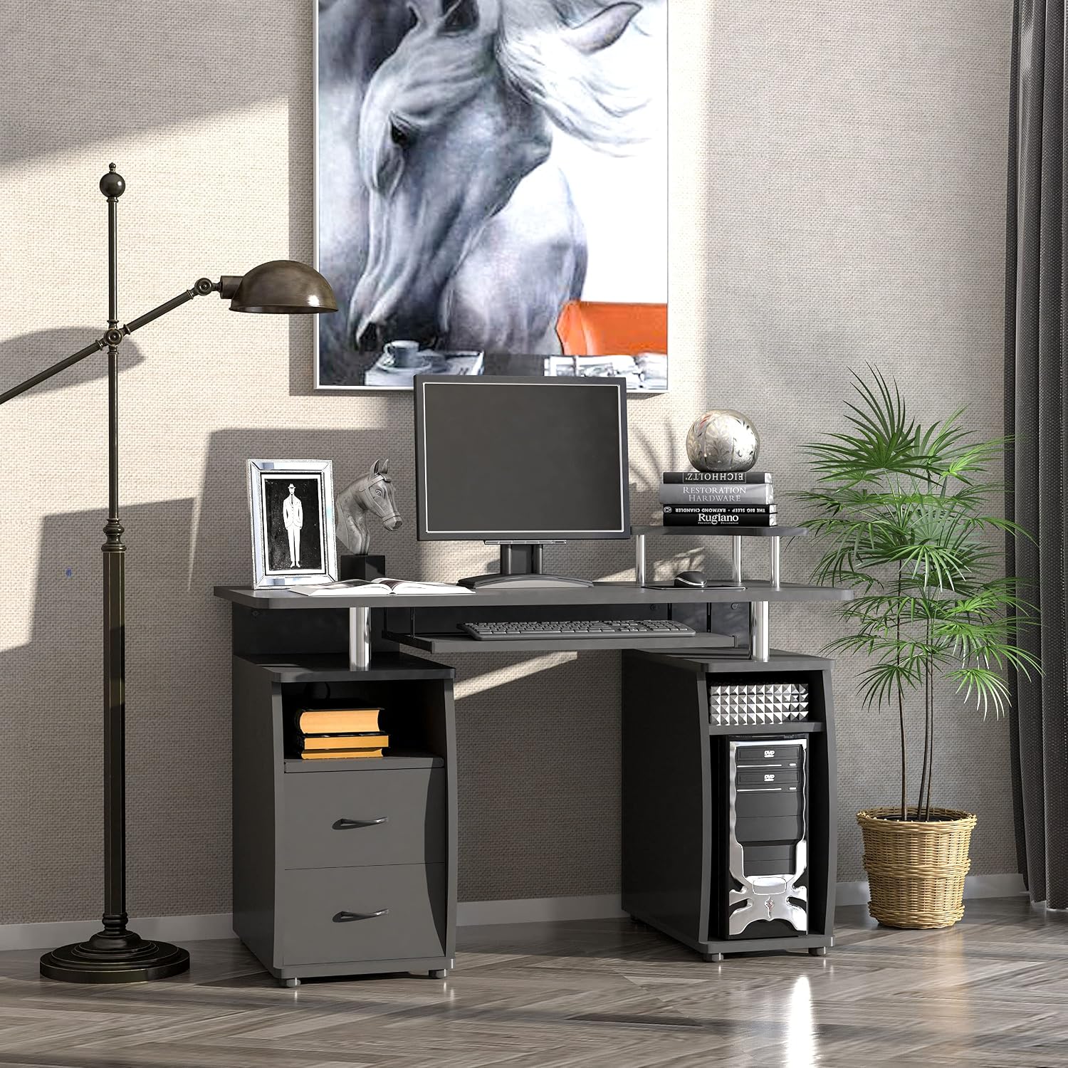 HOMCOM Multi-Function Computer Desk Home Office Workstation with Keyboard Tray, Elevated Shelf,Sliding Scanner Shelf and CPU Stand, Black