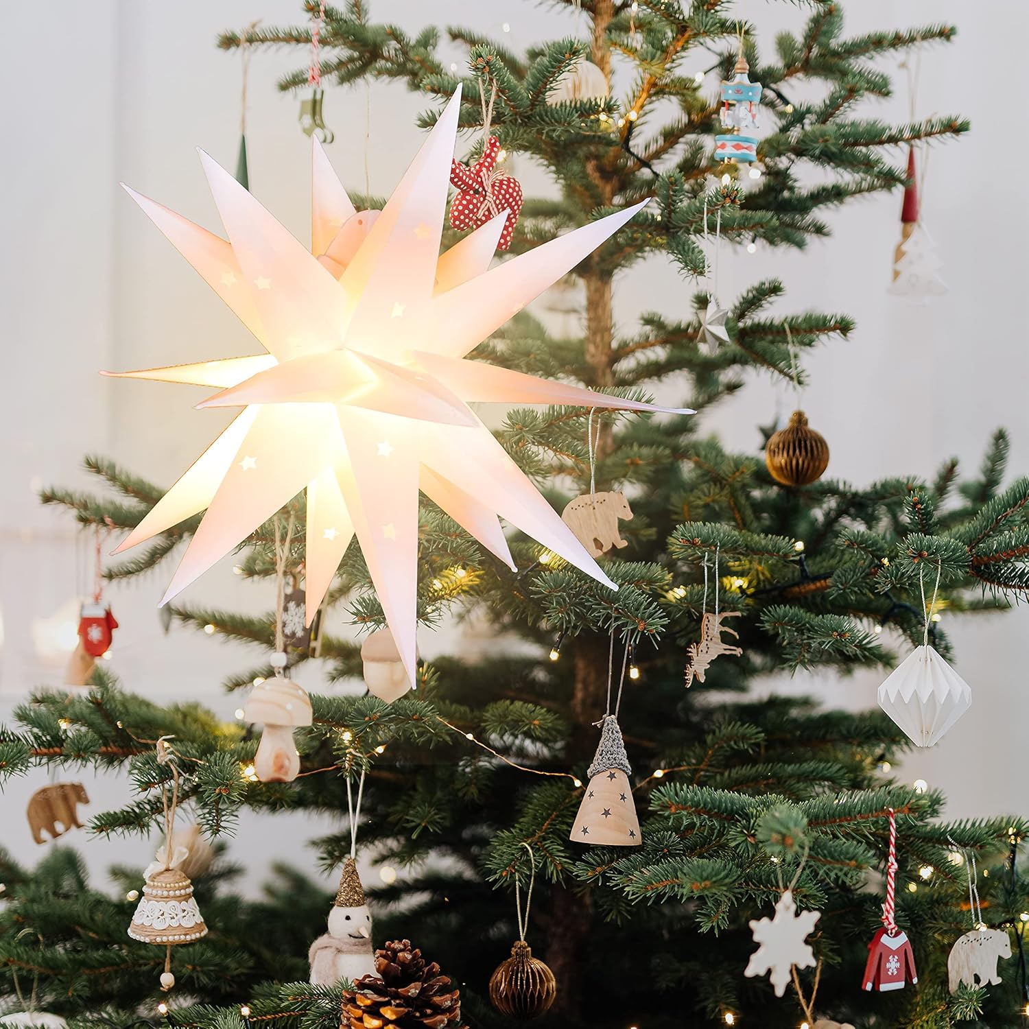FUCHSUN Moravian Pendant Star Light Christmas Hanging Light Warm White Battery Operated PVC Paper Lantern Tree Topper with Timer for Home Decoration (17.7 Inches)