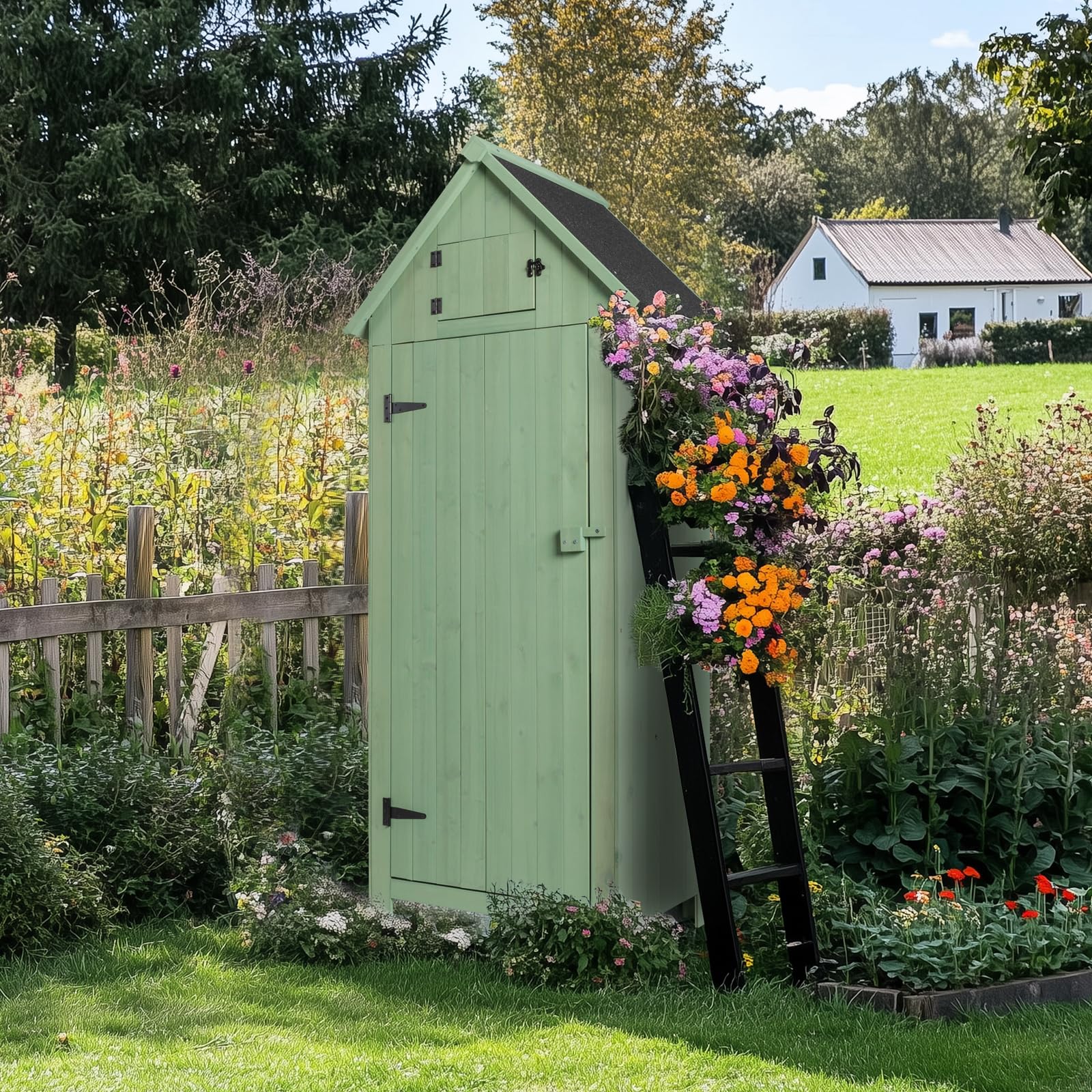 Outopee Wooden Garden Shed with Single Door and Slope Roof, Outdoor Storage Shed, Waterproof Utility Wooden Lockers, 77 x 54.3 x 179 cm, Green — view 2