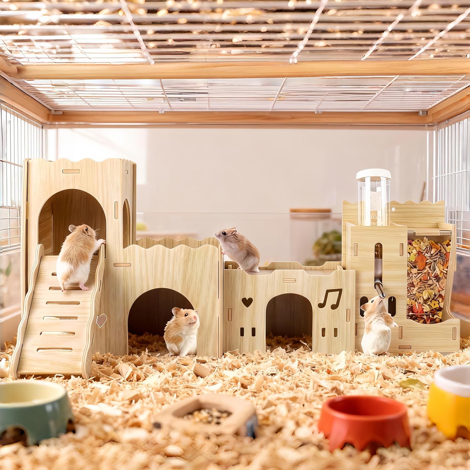 Hamster Hideout House, Multi-Chamber Hamster Castle with Water Bottle, Large Wooden Mouse Playground with Climbing Ladder, Habitat for Syrian Dwarf Gerbils Mice and Small Pets