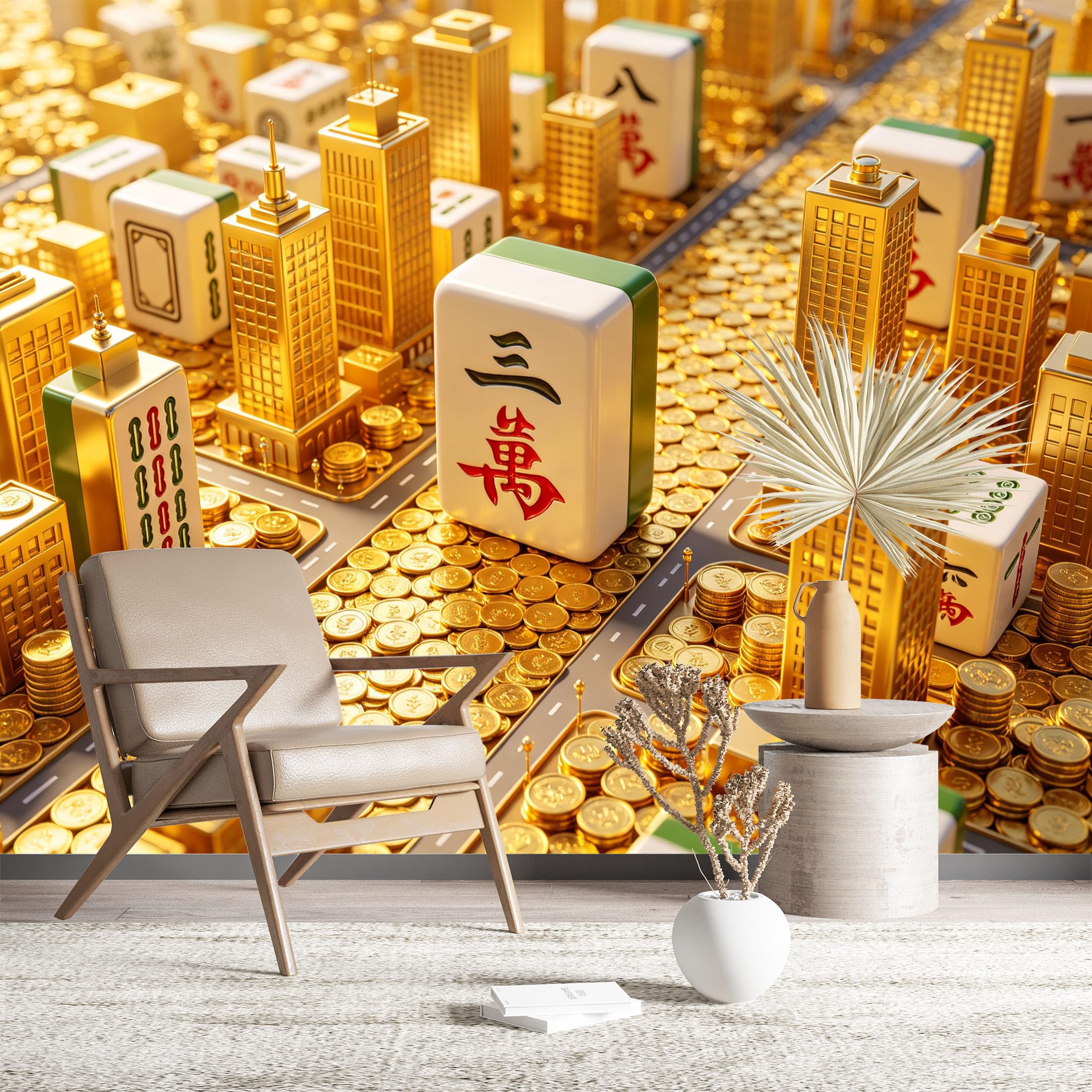 Custom Size Wall Murals Mahjong City with Gold Coins Large Photo Wallpaper Self-Adhesive Wall Fabric (NO PVC) Removable Wallpaper for Living Room Game Room