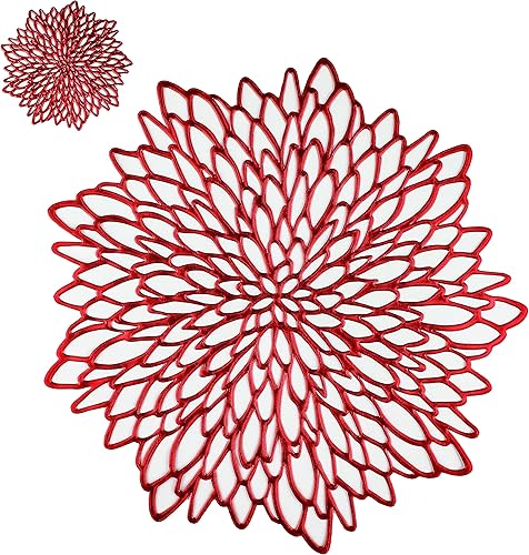 18 pares de manteles individuales y posavasos rojos, 36 piezas de vinilo prensado metálico brillante, manteles de mesa de comedor de hojas redondas