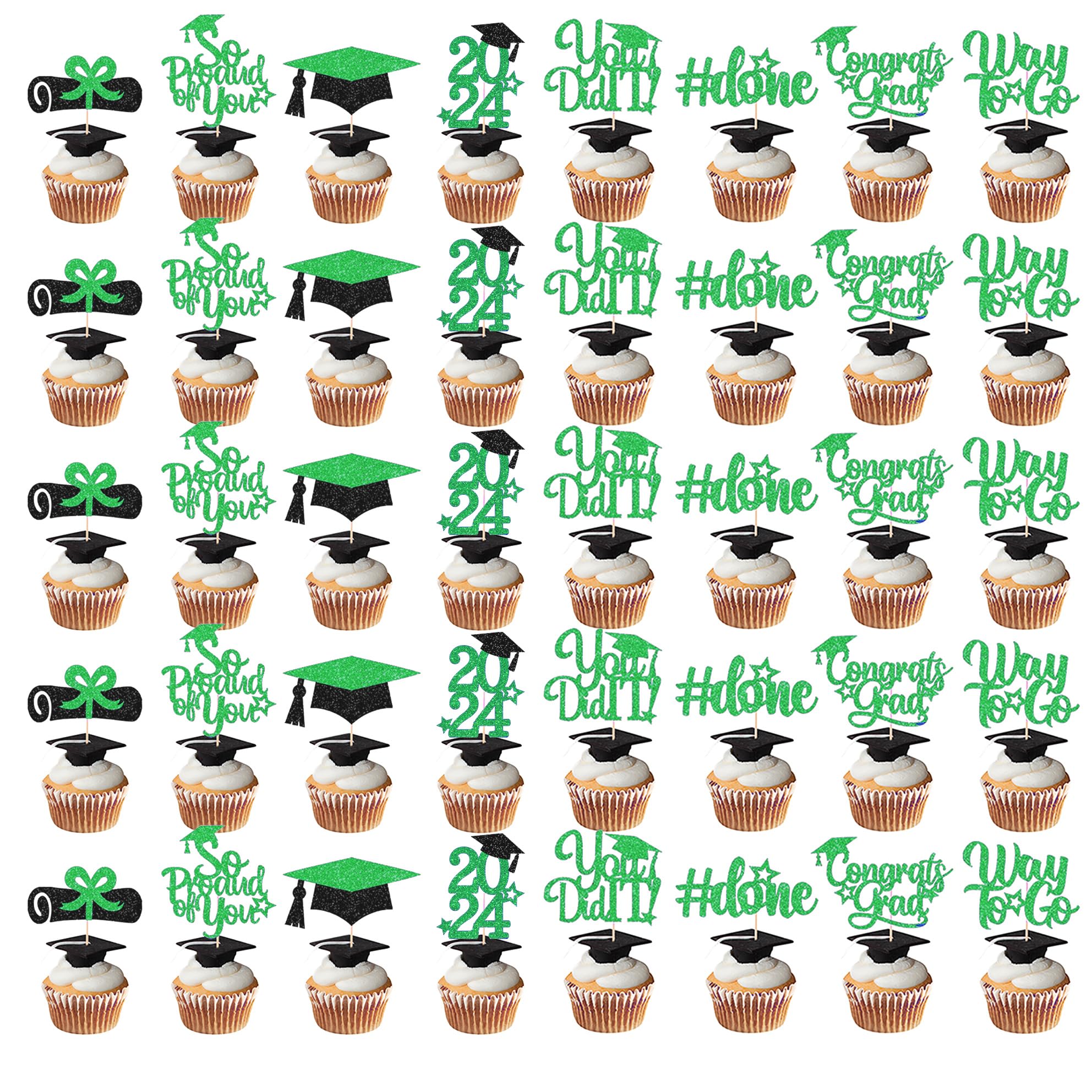 40Pcs Graduation Cupcake Toppers 2024 Green and Black Glitter Class of 2024 Graduation Cupcake Toppers,BYCCT Grad Cap Cake Toppers Picks,Graduation Party Decorations 2024,Graduation Party Supplies