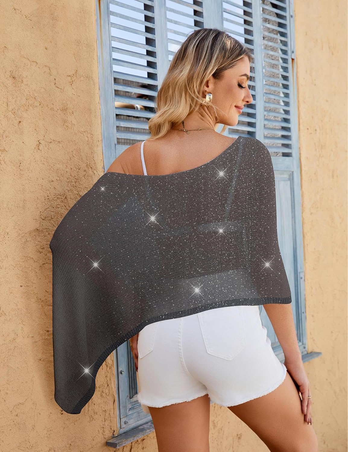 WeciBor Women's Sheer Poncho Tops Y2K Sparkly Knit Bolero Sweater Cover Up Beachwear for Beach Clothing - Image 5