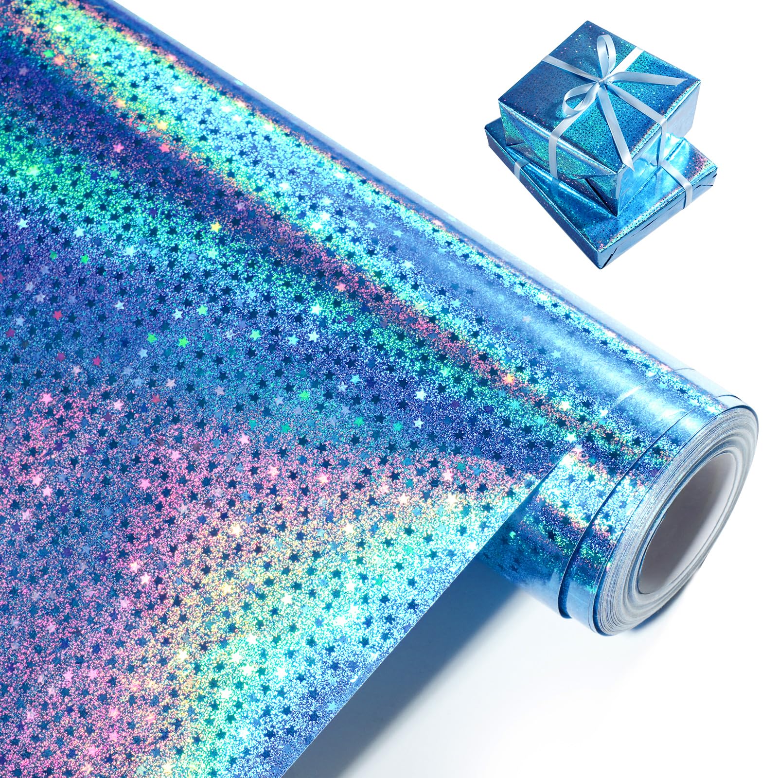 Blue Holographic Wrapping Paper, Metallic Glitter Star Gift Wrap Paper Roll for Birthday, Wedding, Father's Day, Valentine's Day, Christmas - 43cm x 10m