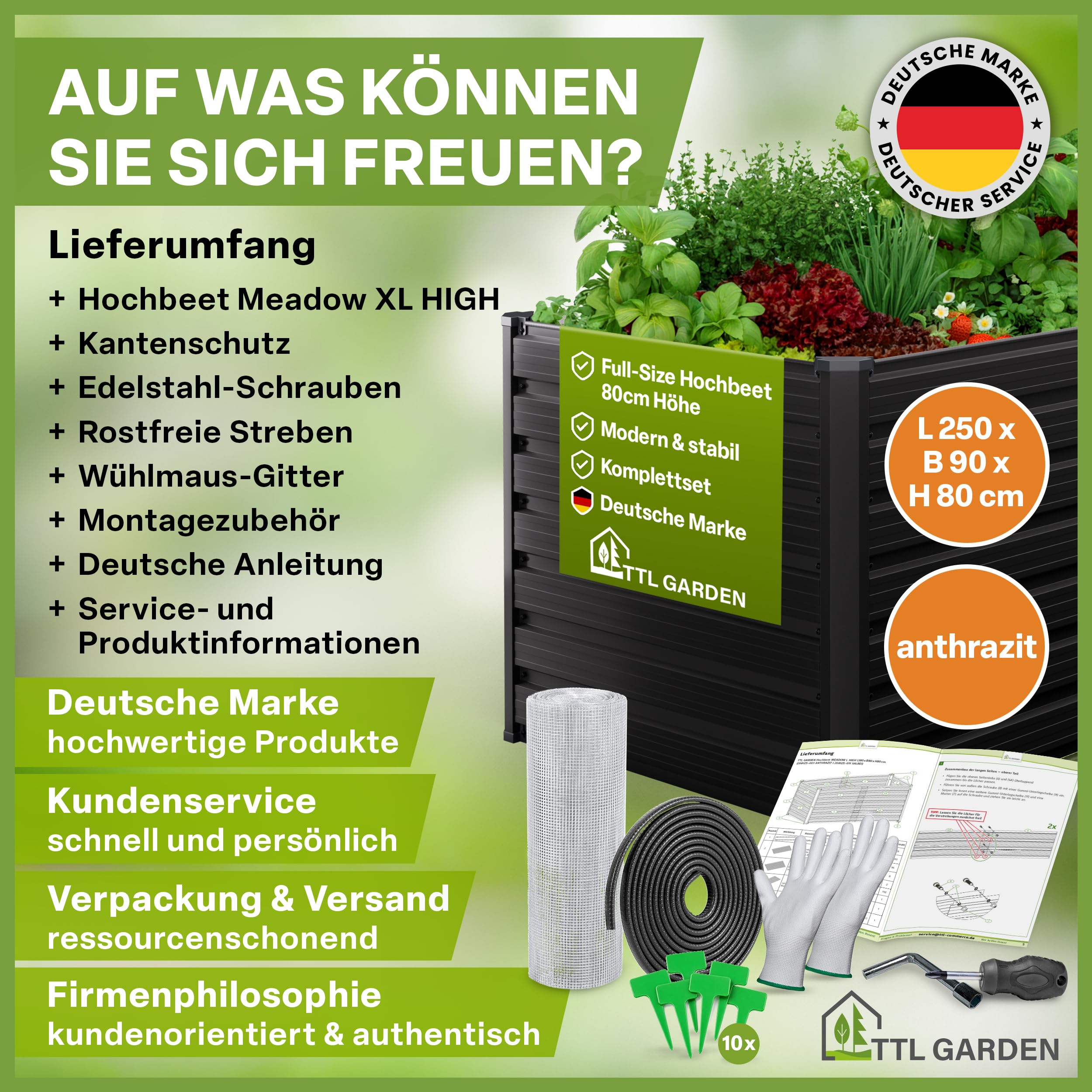 TTL GARDEN 250x90x80cm Meadow XL HIGH Metall Hochbeet Anthrazit Stahl Blech | - rostfrei verzinkt & grau lackiert rechteckige Form sehr stabil Garten Beet für Gemüse Kräuter Blumen Garten Gemüsebeet