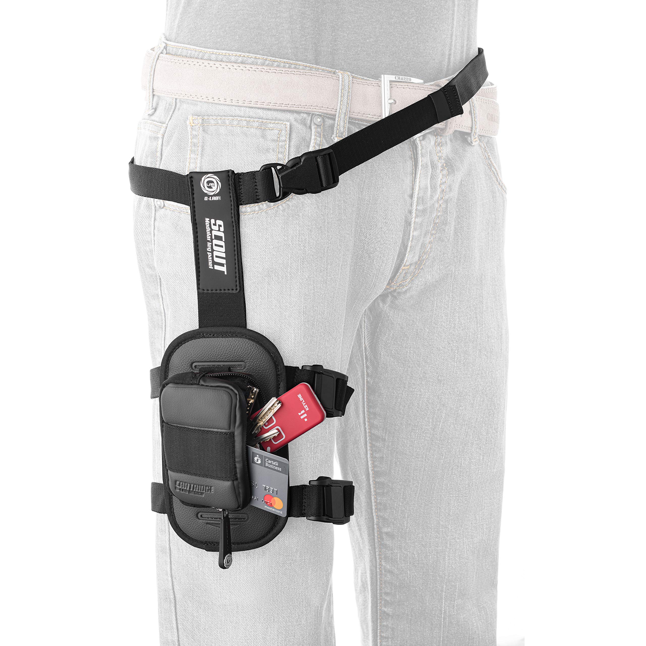 Q LAB SCOUT pannello modulare da gamba, borsa cosciale con sistema molle da 40 mm, la tasca perfetta per motociclisti, escursionisti, sciatori, e per attività outdoor - (nero, tasca Cartridge inclusa)