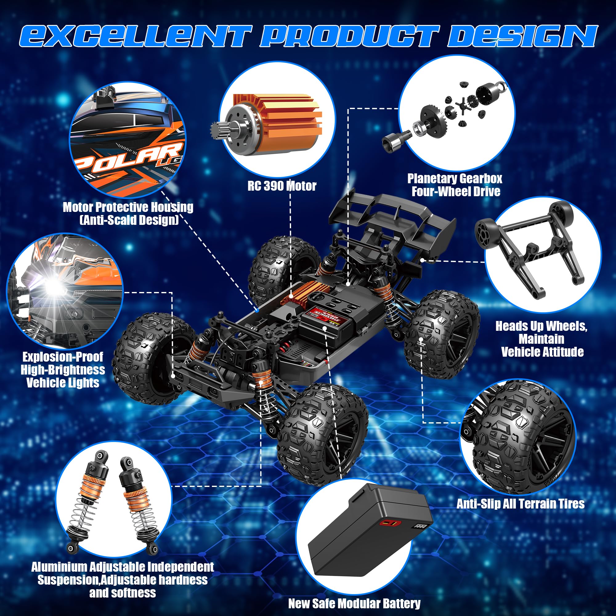 Herenear Macchina Telecomandate, 1:14,40 km/H, 2,4 GHz, Auto Telecomandata, Radiocomandata Monster Truck con 2 Batterie 50 Min+, All Terrain Offroad Telecomandata Auto Gioco Regalo