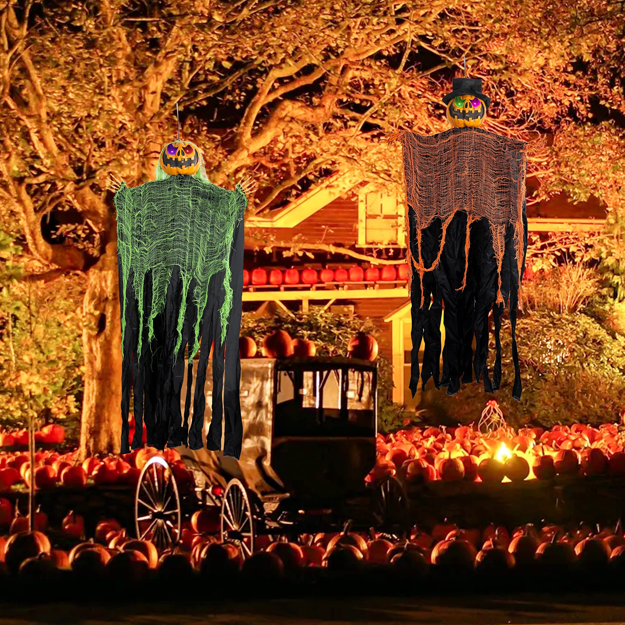 FUNPENY 2 Pack 5.2' Hanging Ghost Pumpkin with Bendable Arms, Halloween Skeleton Pumpkin Decorations with Color Changing Lighted Eyes for Halloween Party Lawn Outdoor Indoor Decor