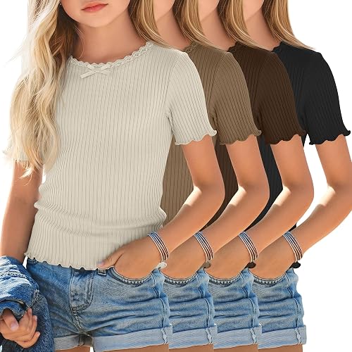 Oakgarden 4 Pack Girls Ribbed T Shirts 5-14 Y, 4-Color, 5-6 Years