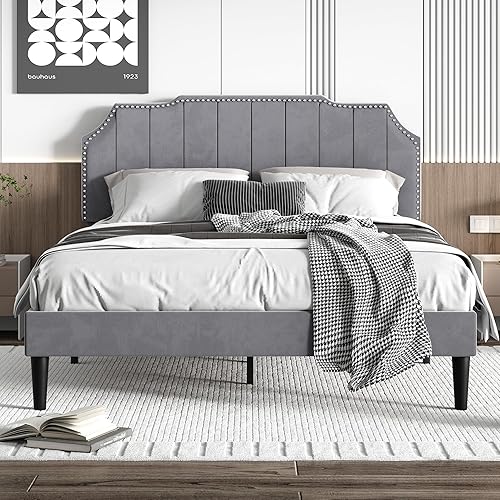 VECELO Base de cama tamaño matrimonial tapizada con cabecera ajustable copetudabase de colchón con soporte de listones de madera, fácil montaje,