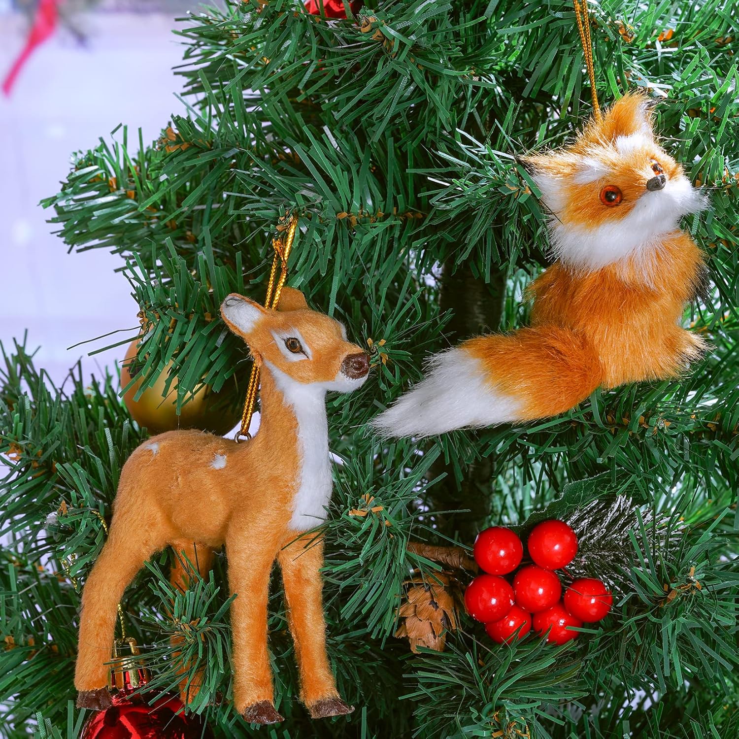 choyaxo 6 Pack Plush Animal Ornament Hanging Ornament for Christmas Tree Cute Christmas Ornaments Woodland Animal Deer, Fox, Raccoon, Owl, Hedgehog and Squirrel