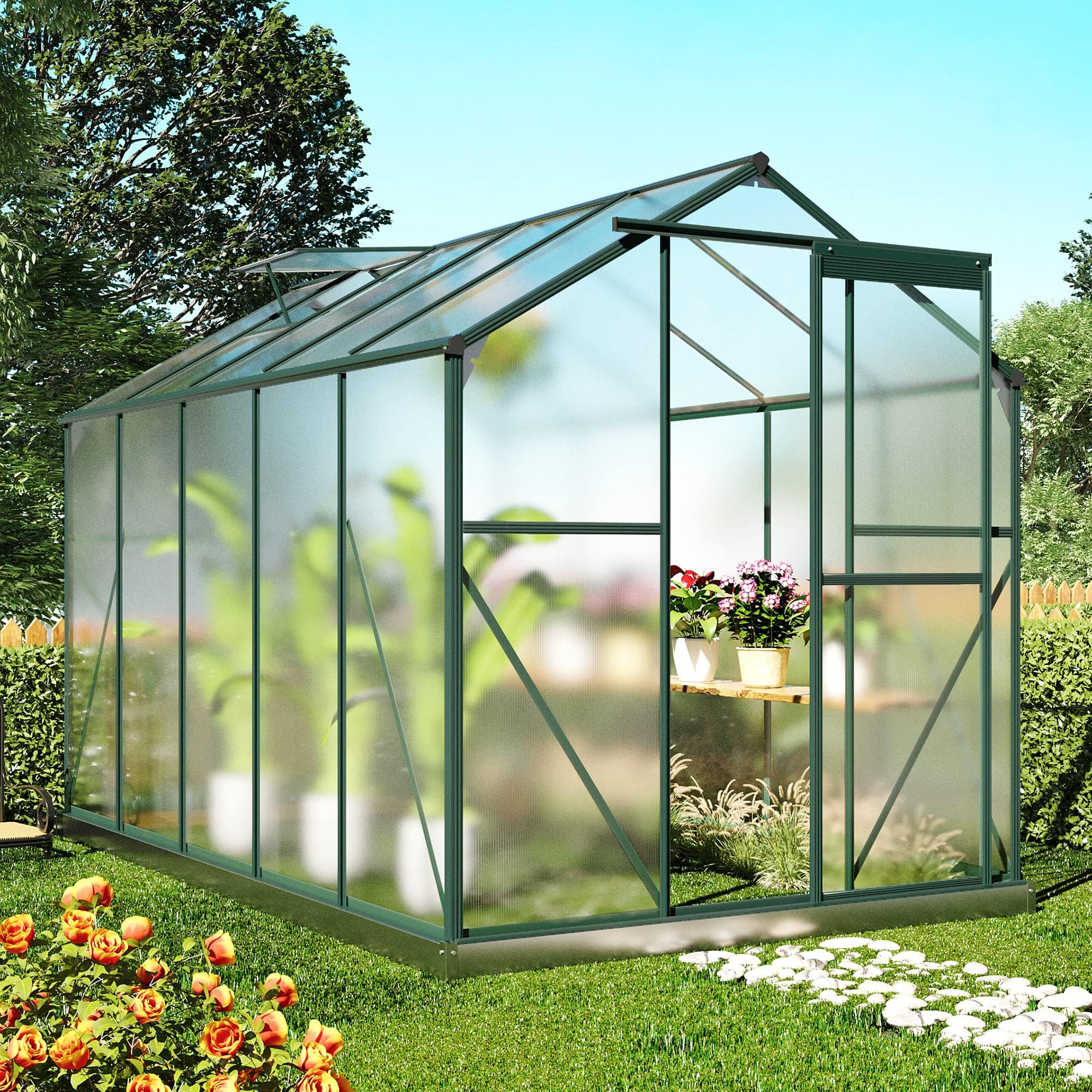 2022 New Garden Greenhouse, LTGB Garden Walk-in Aluminium Greenhouse Polycarbonate with Foundation and Window, Suitable for Seedlings Flower Plants Outdoor, Green, 6 x 10 FT【UK Fast Delivery】