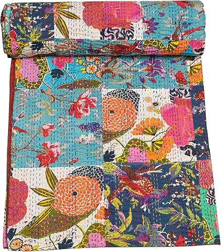 Vista 24 de Marubhumi Edredón tradicional indio de algodón puro, estampado de cachemira, colcha Kantha multicolor (multicolor-22, individual (60 x 90 pulgadas)